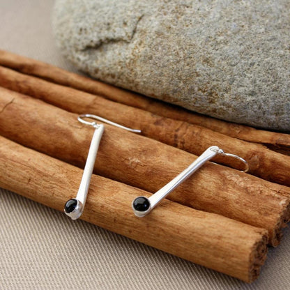 Onyx Thick Silver Stick Earrings
