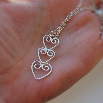 Three Hearts Connected Necklace in Silver