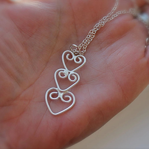 Connected Three Hearts Necklace in Silver