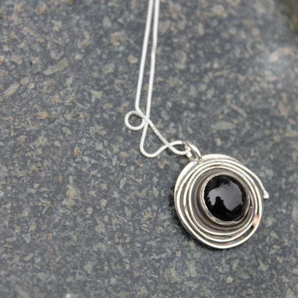 Black Onyx Circle Necklace on silver chain or leather