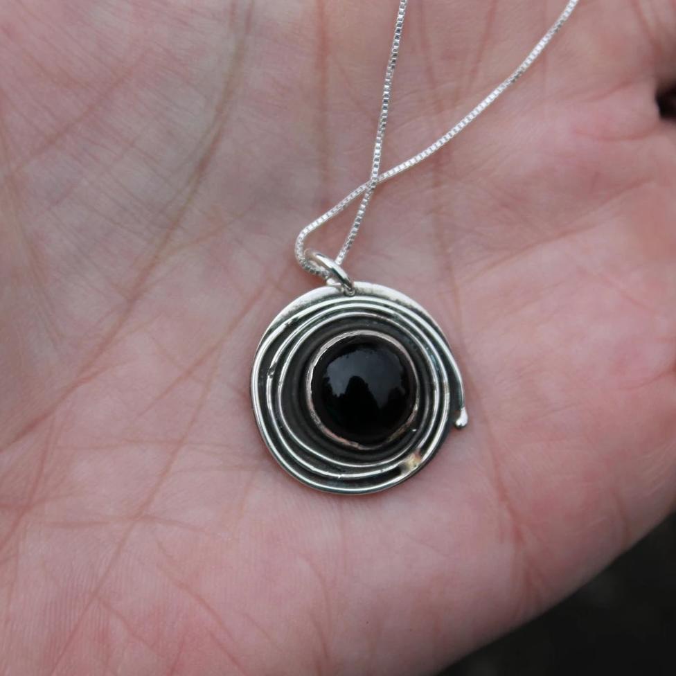 Black Onyx Circle Necklace on silver chain or leather