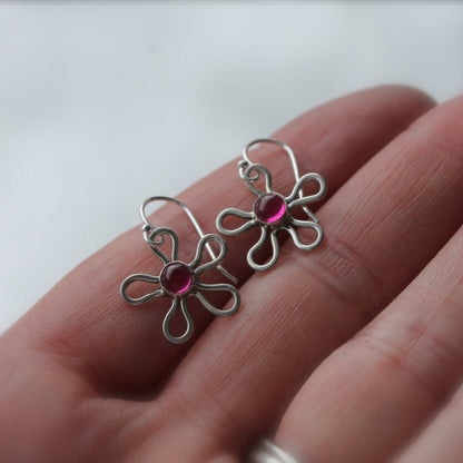 Flower Earrings with Stone in Sterling Silver