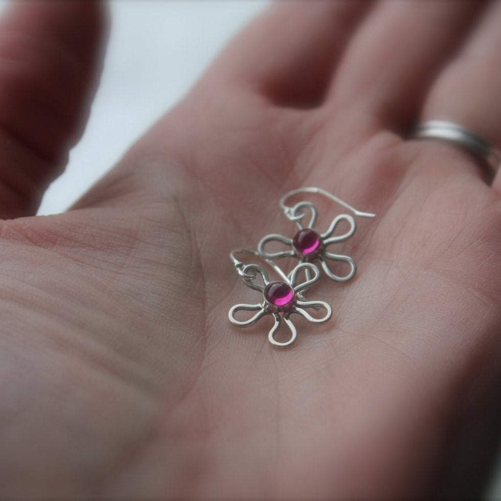 Flower Earrings with Stone in Sterling Silver