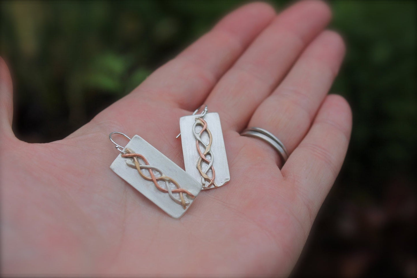 Mixed Metal Silver copper Gold Braided Design Earrings